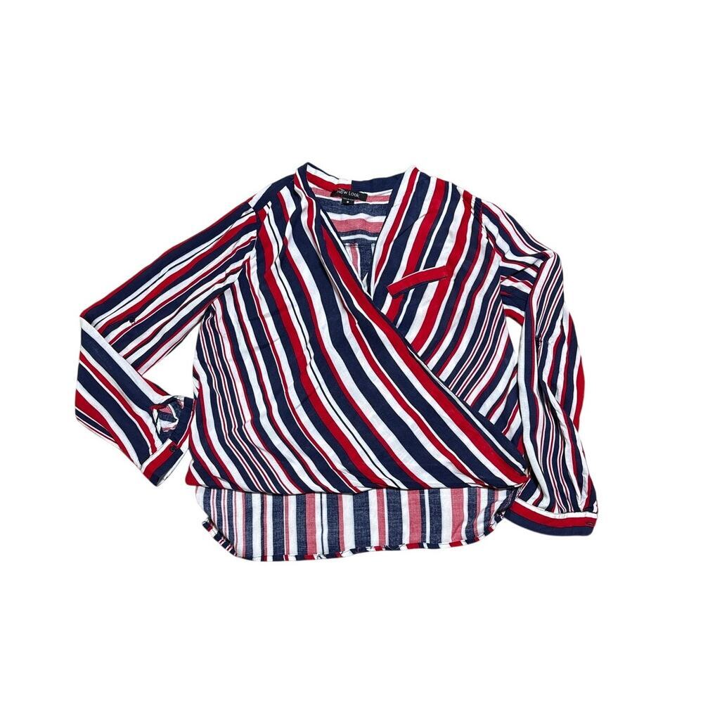New Look Red White Navy Stripe Wrap Top Size Medium 4th of July